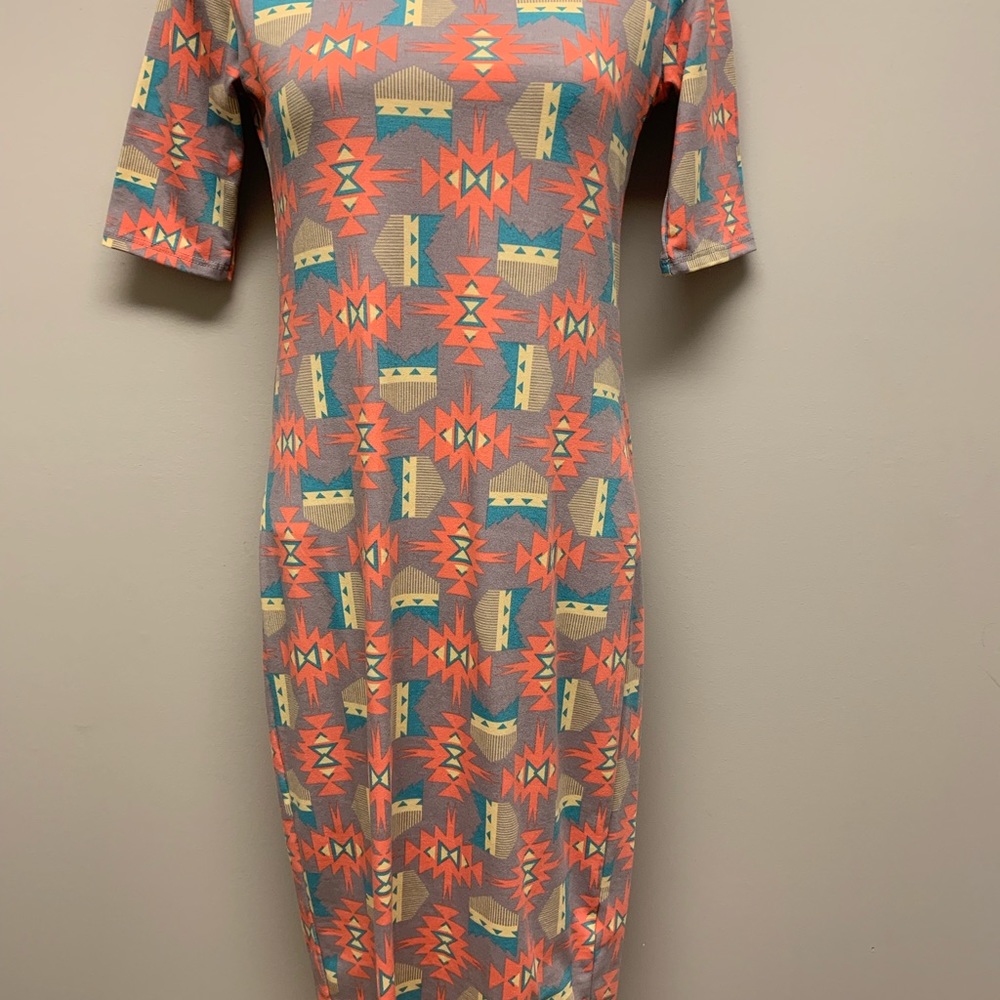 LuLaRoe XXS JULIA Dress Grey Turquoise Pink Aztec - Picture 2 of 6